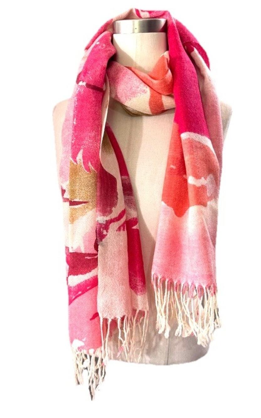 Pink & White Floral Wool Blend Rectangle Scarf with Fringe Soft Boho Shawl